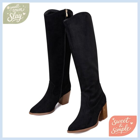 Shoes - Knee High Boots Pointed Toe Suede Chunky Heel Slouchy Side Zipper Fashion